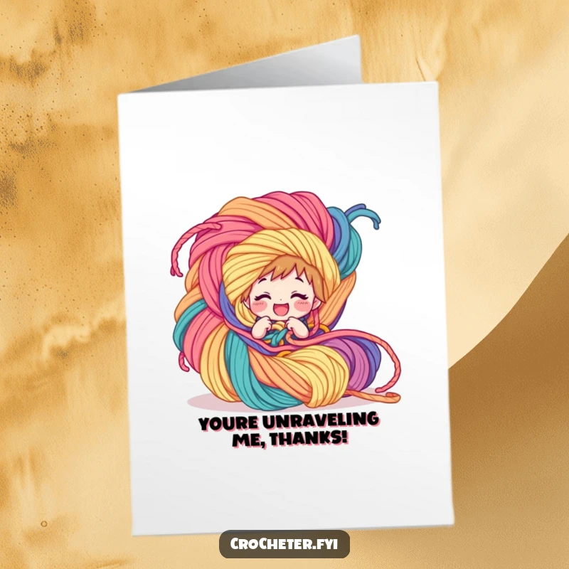 Funny Free Printable Thank You Card: A giggling character hilariously ensnared in a huge, colorful yarn creation, expressing thanks.