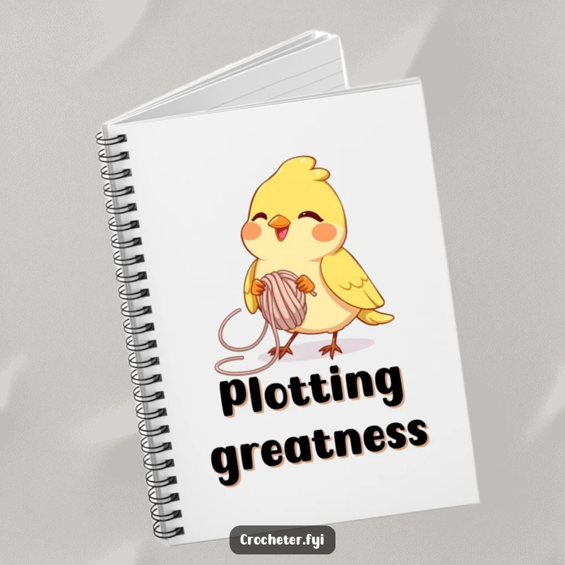 Funny joyful bird deftly looping yarn with determination, a humorous notebook cover for creative planning.