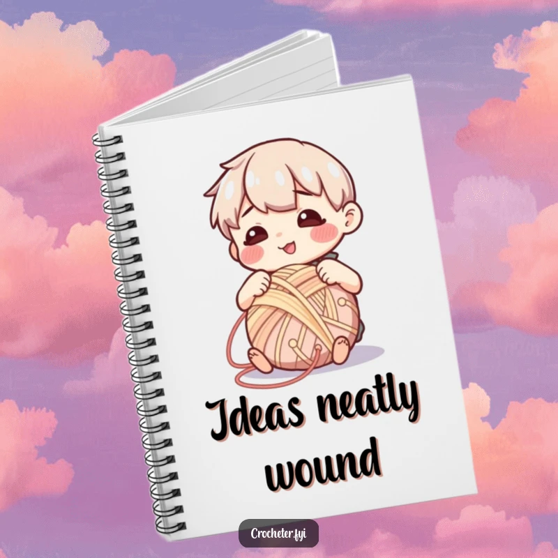 Funny notebook cover showing a contented character happily winding yarn into a neat ball, ideal for organized note-taking.