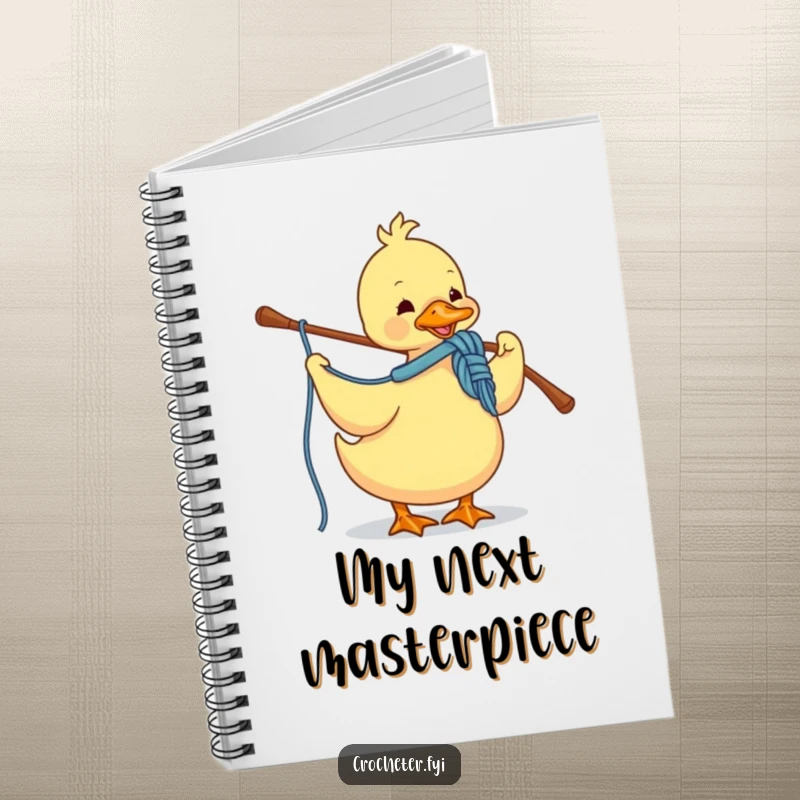 Funny notebook cover with a dedicated duck crocheting yarn with a hook, ideal for planning crochet projects.