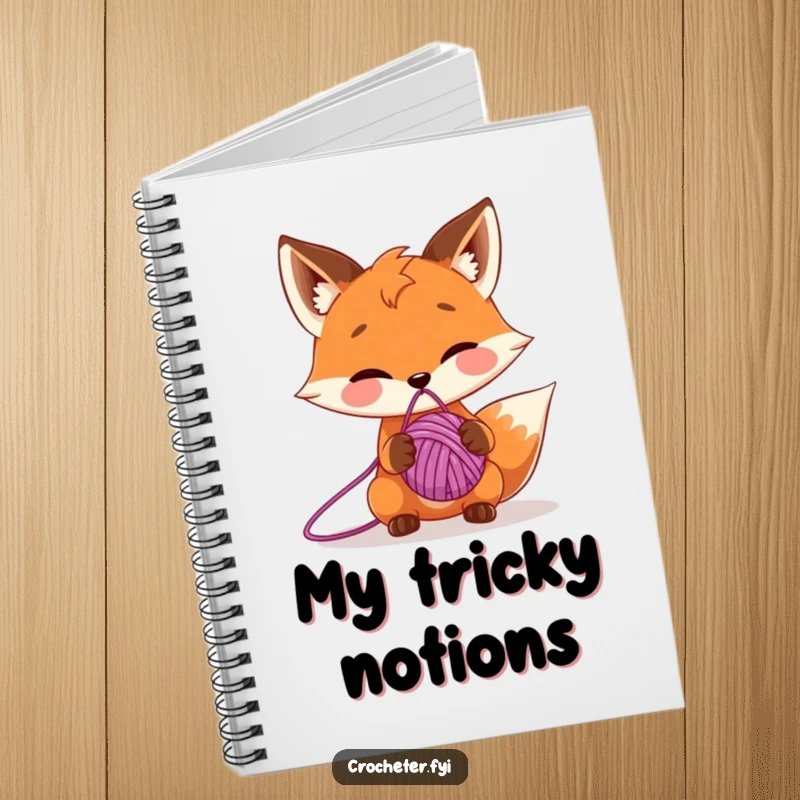 Funny notebook cover with a mischievous fox balancing a ball of yarn on its nose, perfect for jotting down ideas.