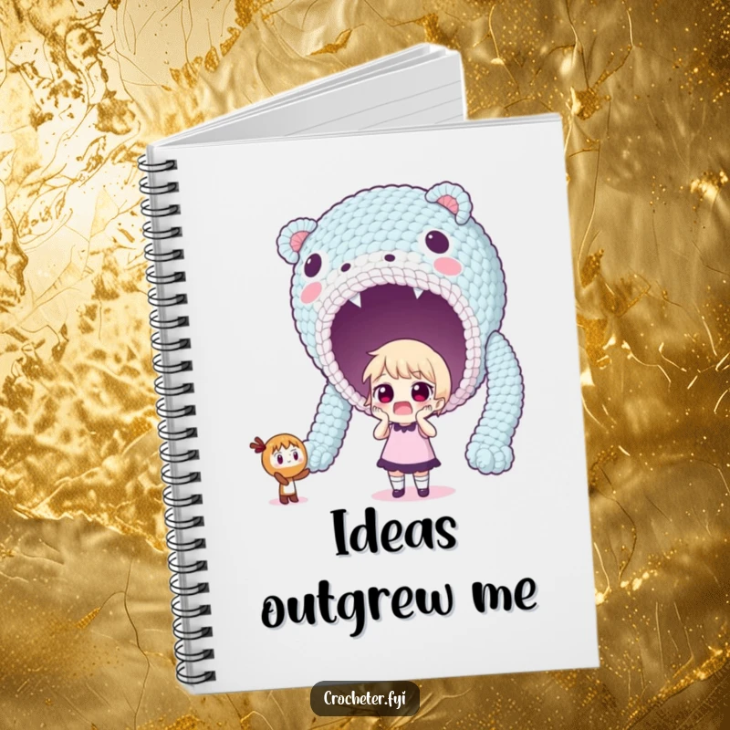 Funny notebook with a surprised character looking at a giant, unexpectedly large crocheted item.