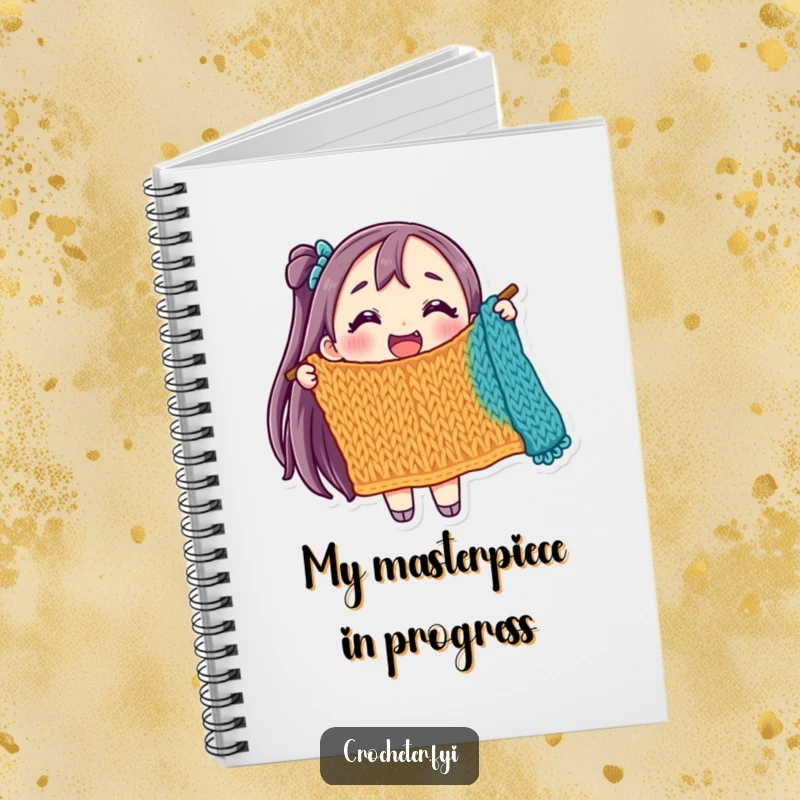 Funny notebook cover with a joyful character holding a colorful, unfinished knitted item, perfect for creative notes.