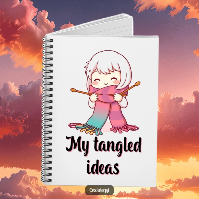 Funny notebook cover with a cute, smiling character knitting a long, colorful scarf with large needles, ideal for jotting down ideas.