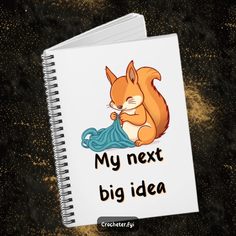 Funny squirrel focused on knitting a stitch on a notebook cover, a humorous accessory for journaling and creativity.