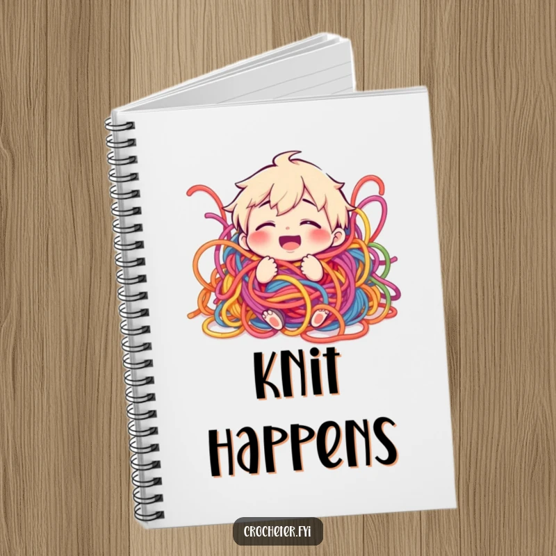 Funny notebook with a giggling character humorously entangled in a whimsical, colorful yarn mess.