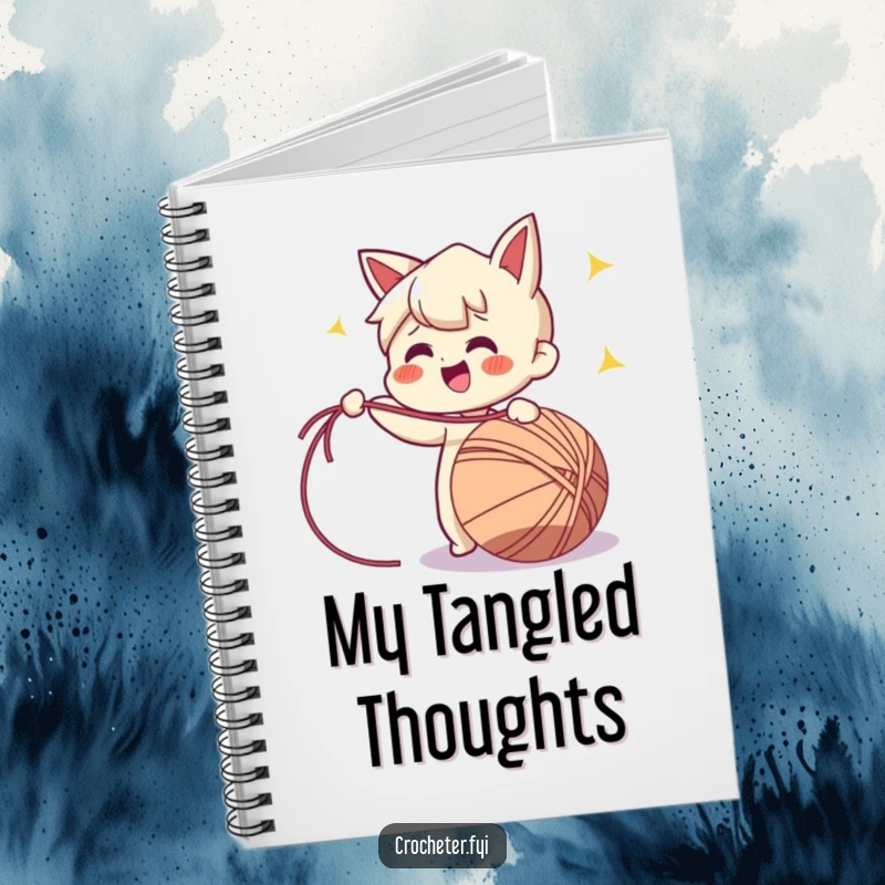 Funny notebook with a cheerful character enthusiastically pulling a long strand of yarn from a ball, perfect for notes.