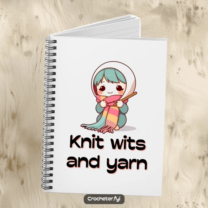 Funny notebook with a smiling character knitting a long, colorful scarf using large needles, ideal for capturing notes and ideas.