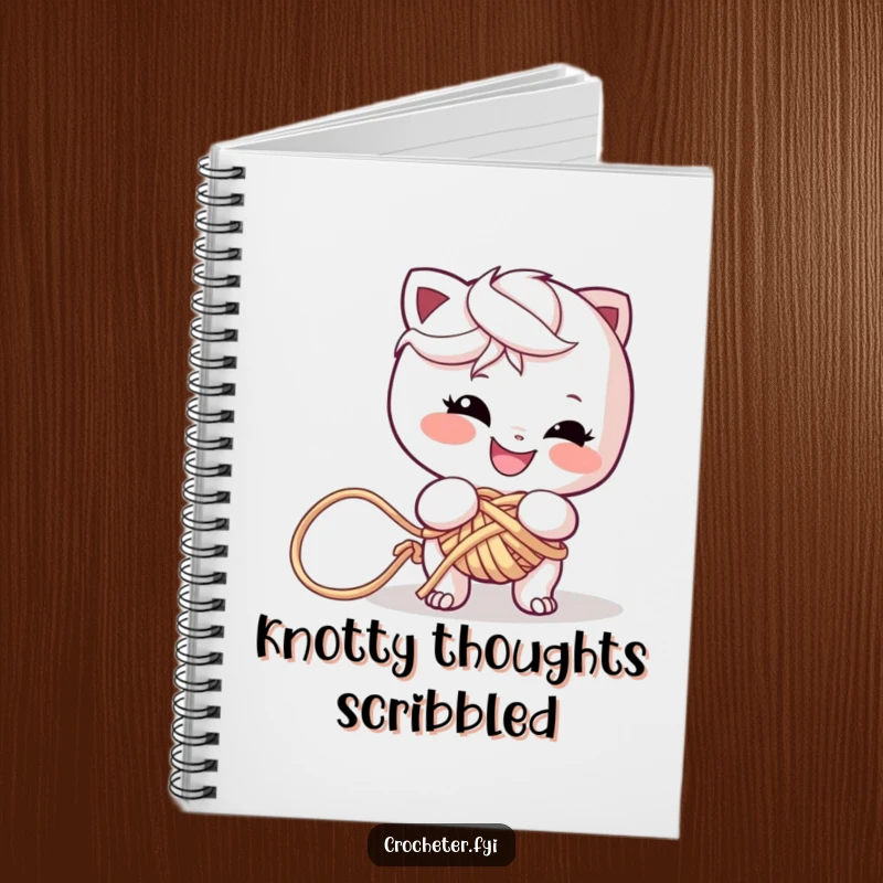 Funny notebook with a mischievous character grinning while tangled in a big ball of yarn, ideal for jotting down notes.
