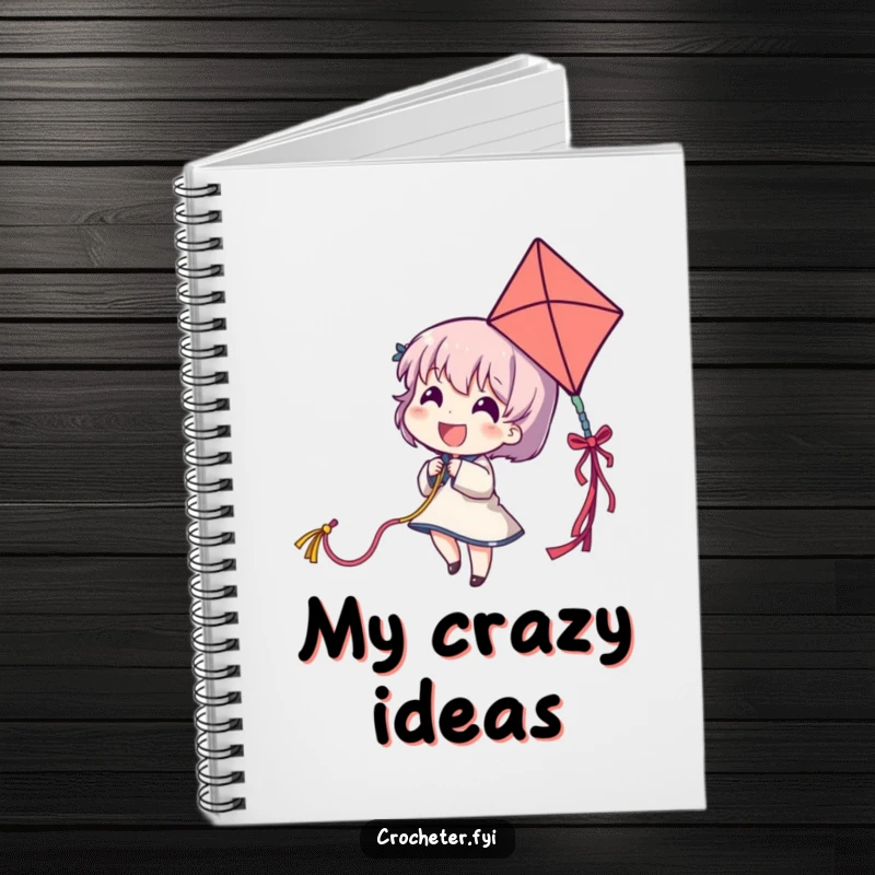 Funny notebook featuring a delighted character flying a yarn strand like a kite, ideal for notes and creative ideas.