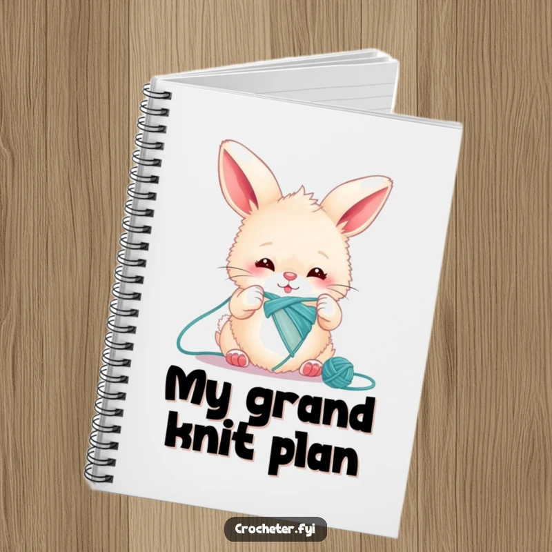 Funny bunny knitting notebook with a fluffy rabbit hilariously trying to knit an impossibly long thread, perfect for notes.