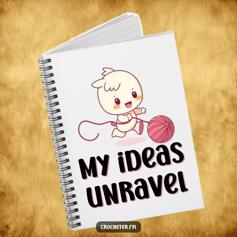 Funny notebook cover features a character playfully chasing a ball of yarn, inspiring energetic note-taking and creative brainstorming.