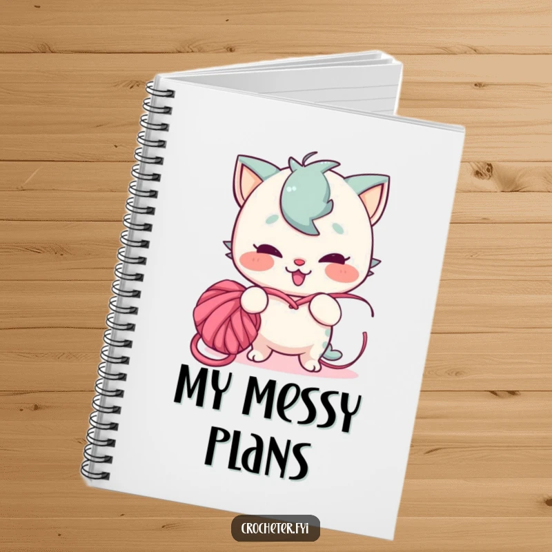 Funny notebook cover with a playful character with a mischievous grin tangling yarn into a knot, ideal for jotting down ideas.