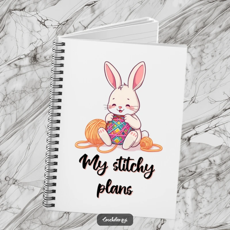 Funny bunny happily stitching a colorful pattern with big yarn, inspiring creative thoughts and project planning.