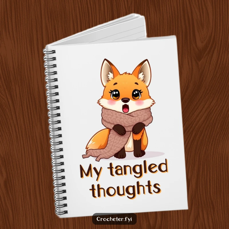 Funny surprised fox scarf notebook entangled in a crocheted scarf, ideal for creative writing.