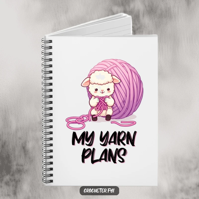 Funny Sheep Notebook with a small, fluffy sheep character struggling with a giant, tangled ball of yarn, perfect for journaling creative ideas.
