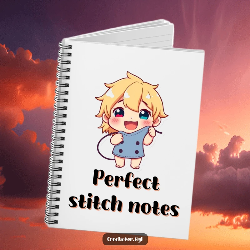 Funny notebook with a happy character proudly displaying a perfect stitch, ideal for recording successes and ideas.