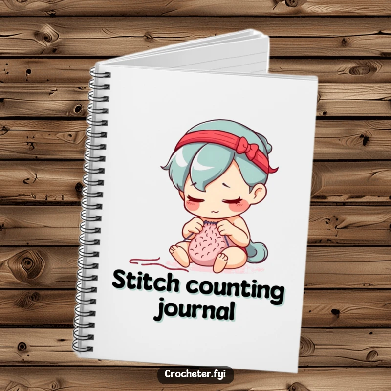 Funny notebook with a determined character intently counting stitches, perfect for recording project details and notes.