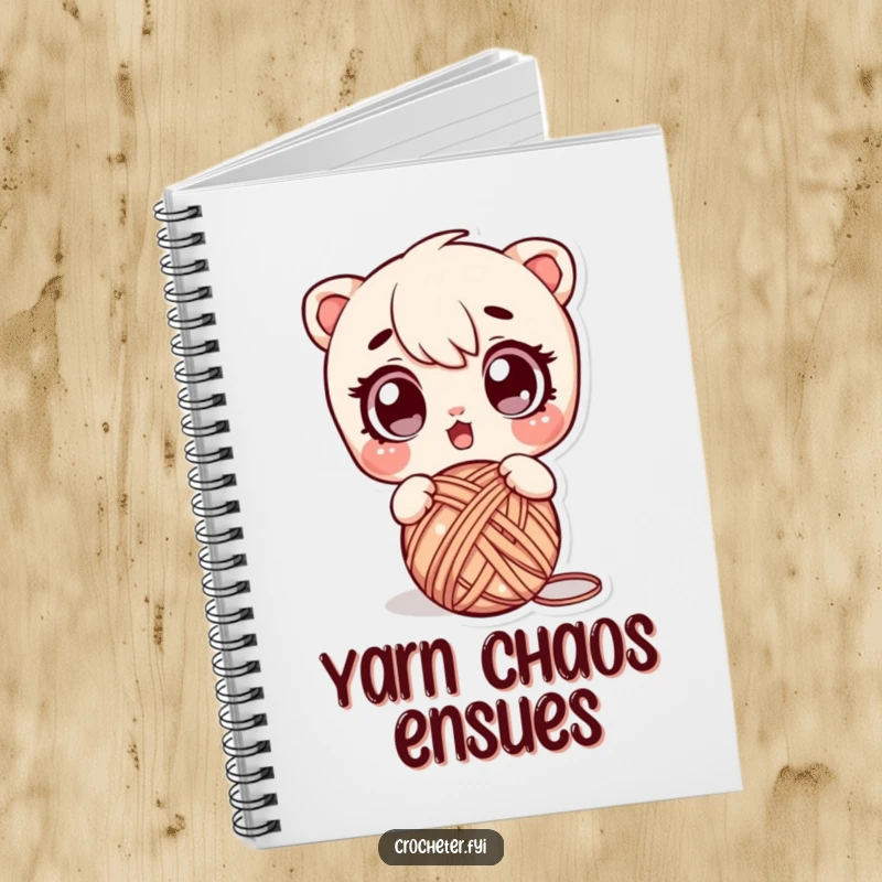 Funny notebook cover showing a surprised character dropping a ball of yarn, ideal for note-taking with a humorous twist.