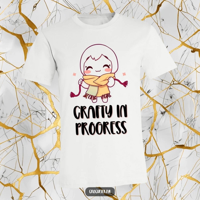 Funny yarn looping t-shirt, showing a happy character energetically crafting a colorful scarf with knitting needles and yarn.