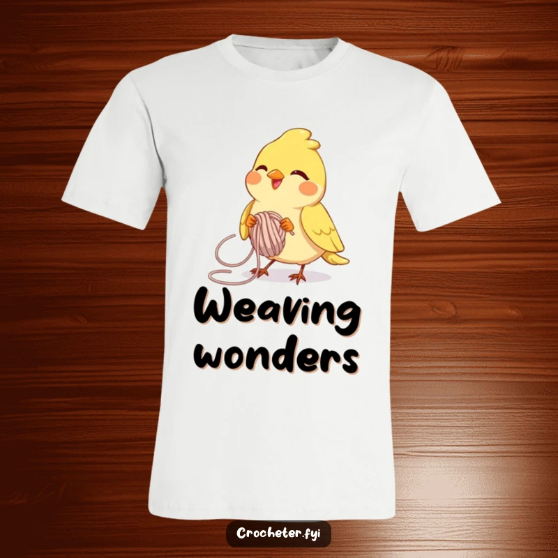Funny joyful bird intensely looping yarn, a humorous and detailed t-shirt for craft enthusiasts.