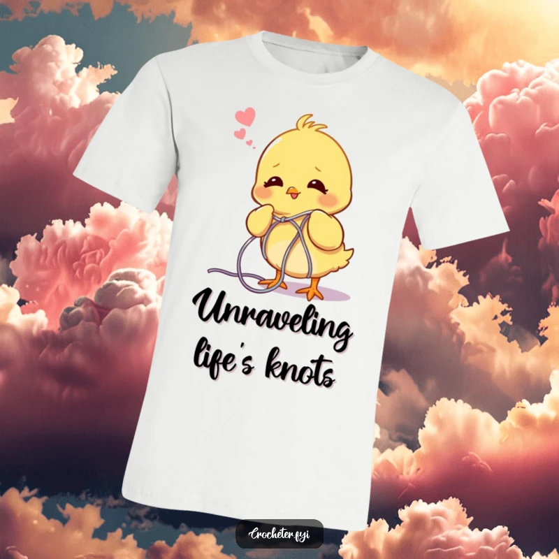 Funny chick t-shirt, looking content while unraveling a huge ball of tangled yarn, great for knitting humor.