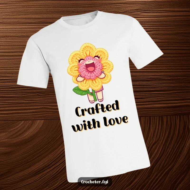 Funny T-Shirt: A joyful character proudly presents a flawless crochet flower, showcasing the beauty of handmade crafts.