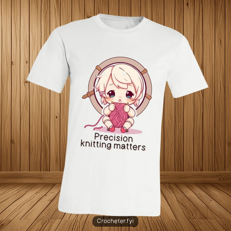 Funny t-shirt depicting a focused character carefully threading yarn through a needle's eye, emphasizing knitting skill.