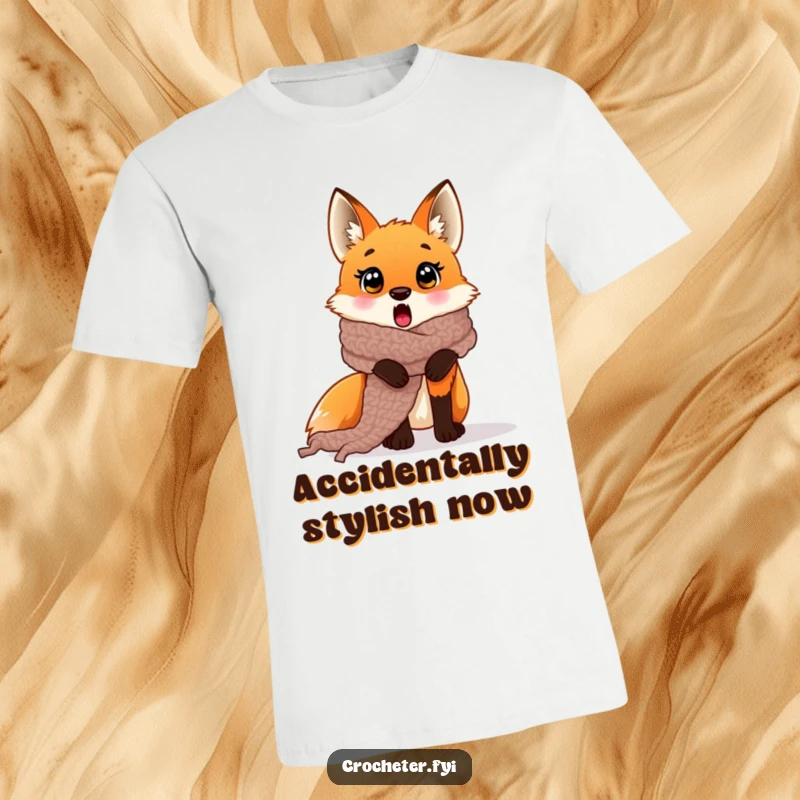 Funny surprised fox t-shirt entangled in a large crocheted scarf, a comical and cute design.