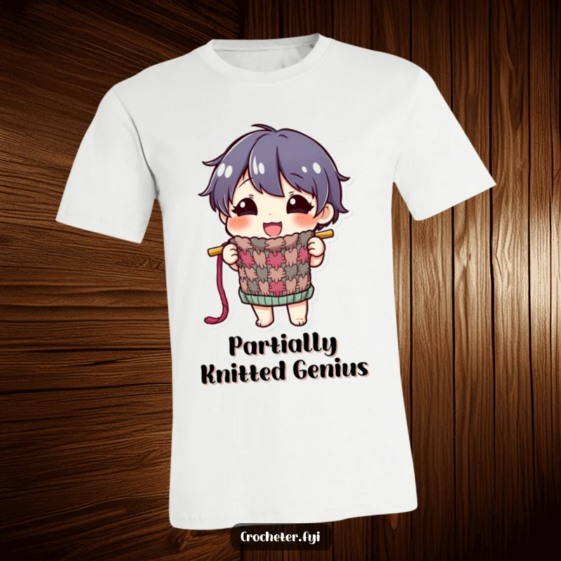 Funny t-shirt featuring a happy character proudly displaying a colorful, half-finished knitted item, perfect for showing off WIPs.