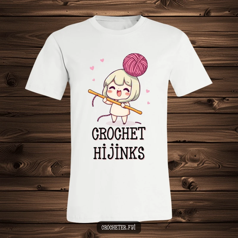 Funny t-shirt showcasing a lively character using a crochet hook to playfully bob yarn in the air, celebrating crochet fun.