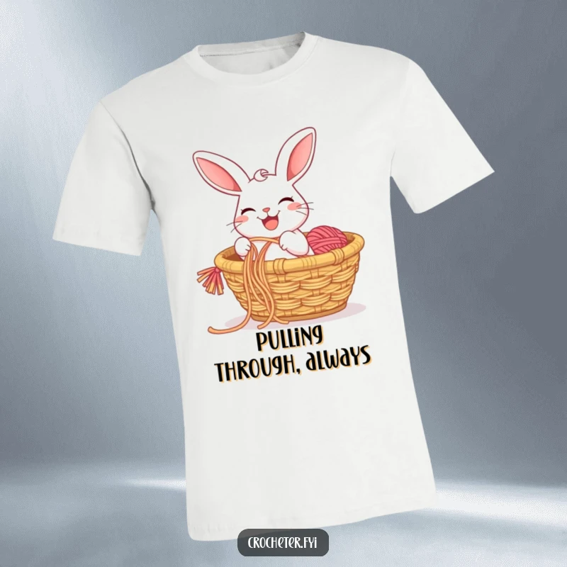 Funny t-shirt with a grinning rabbit enthusiastically pulling a long strand of yarn from a basket, celebrating the joy of crafting.