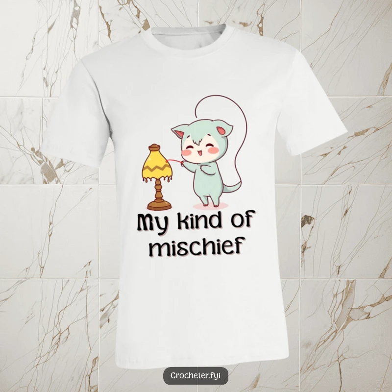 Funny t-shirt, mischievous character casting a thread to loop around a lamp, humorous prankster apparel.