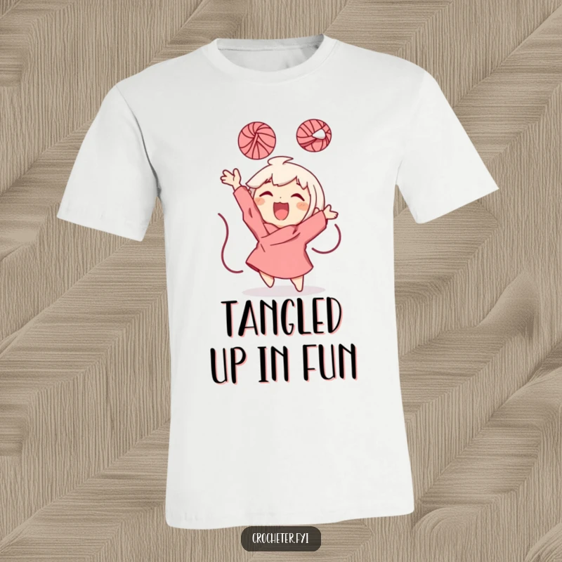 Funny T-Shirt with a joyful character gleefully throwing a ball of yarn into the air, showcasing pure playfulness.