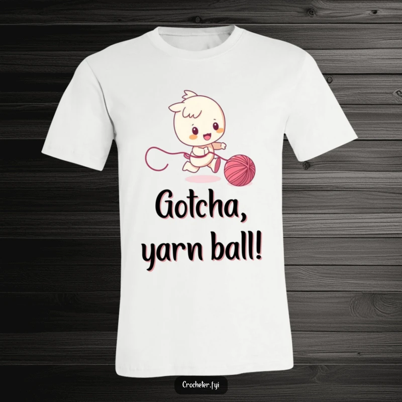 Funny T-shirt depicting a lively character enthusiastically chasing a ball of yarn, embodying playful energy and the joy of a good game.