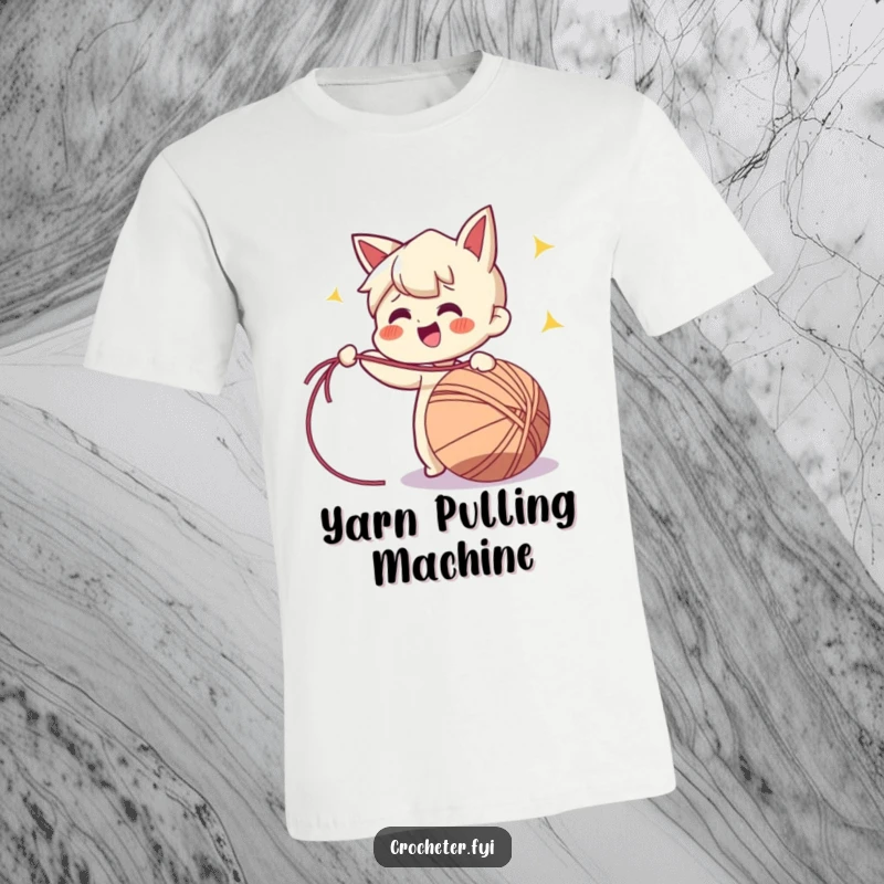 Funny t-shirt featuring a cheerful character enthusiastically pulling a long strand of yarn from a ball, perfect for crafters.