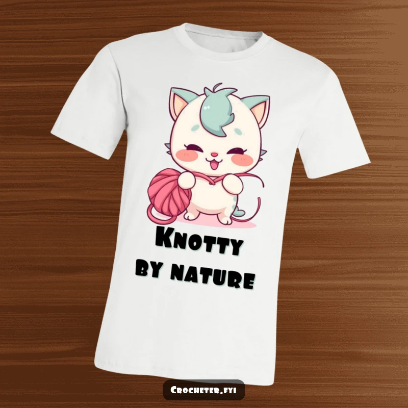 Funny t-shirt depicting a playful character with a mischievous grin creating a tangled knot of yarn, embodying crafting chaos.