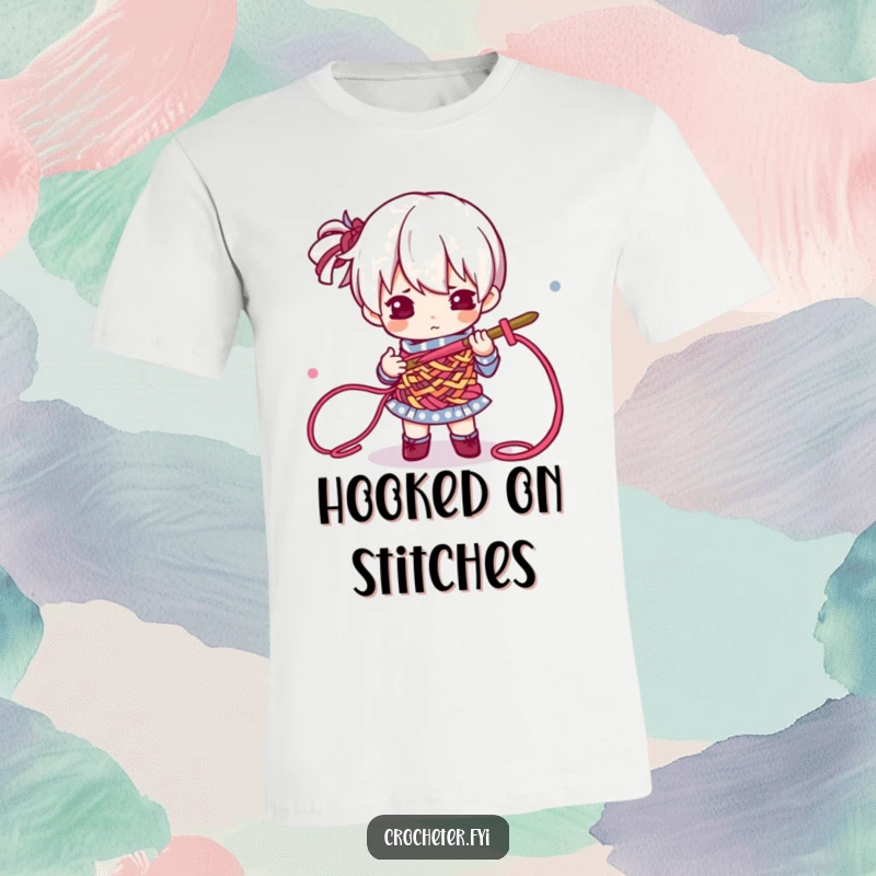Funny T-Shirt showing a focused character using a crochet hook to expertly weave colorful yarn threads, a true crafting master.