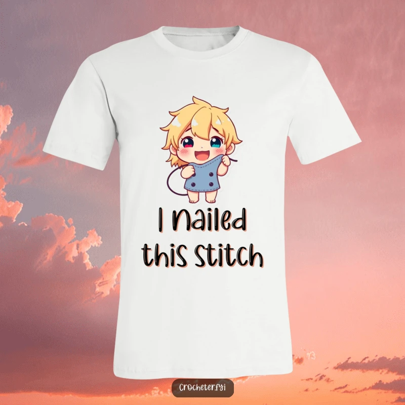 Funny t-shirt depicting a happy character beaming with pride while showing off a flawlessly executed stitch, celebrating crafting success.