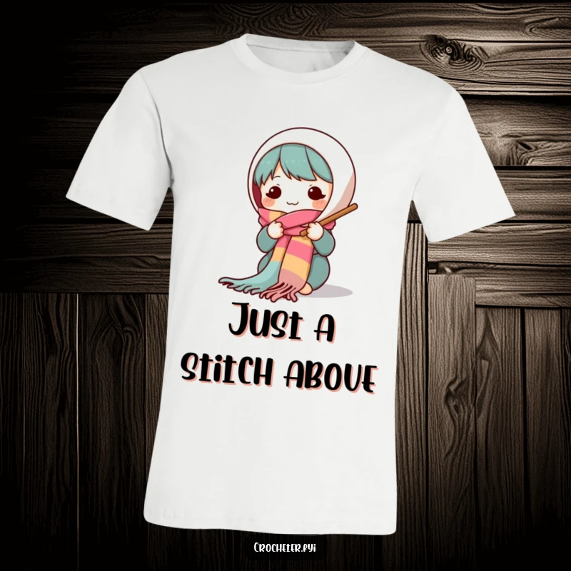 Funny t-shirt showcasing a happy character engrossed in knitting a long, multi-colored scarf with oversized needles, celebrating the joy of creation.
