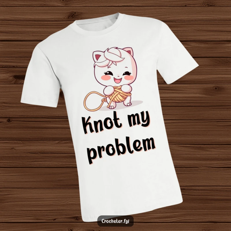 Funny t-shirt showing a mischievous character grinning while hopelessly tangled in a giant knot of yarn, celebrating crafting mishaps.