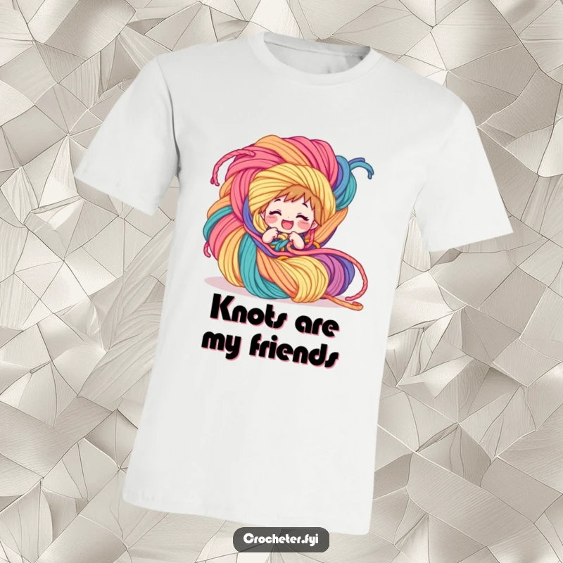 Funny T-Shirt: A giggling character is comically wrapped in a gigantic, vibrant yarn creation, perfect for craft enthusiasts.
