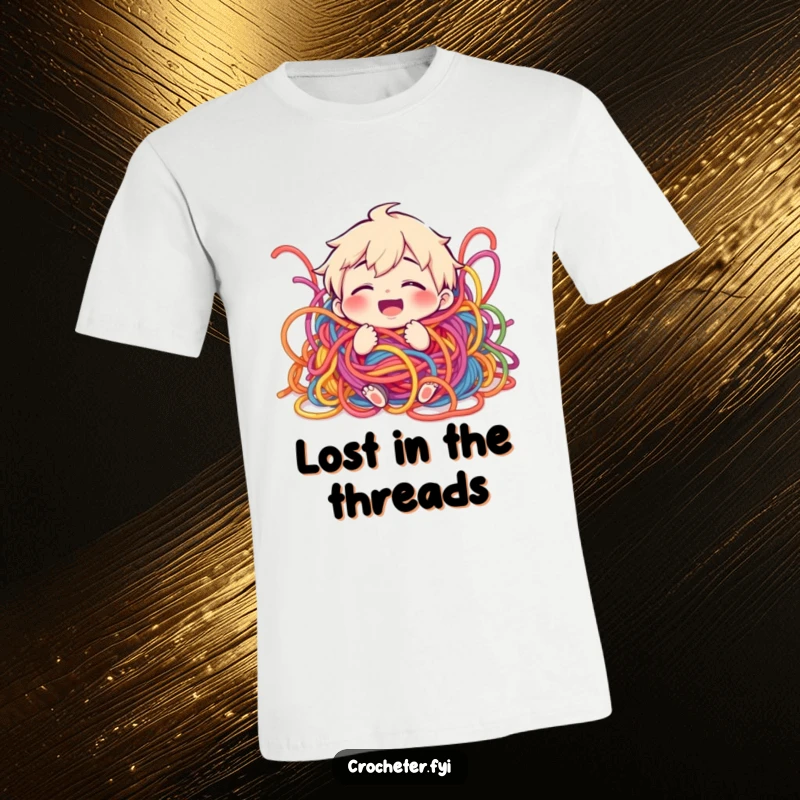 Funny t-shirt featuring a giggling character completely wrapped up in a chaotic tangle of bright, multicolored yarn.