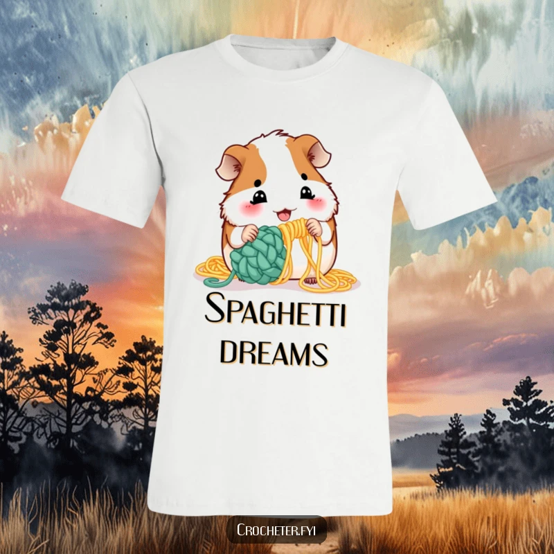 Funny guinea pig t-shirt depicting a playful pet attempting to crochet using uncooked spaghetti as yarn.