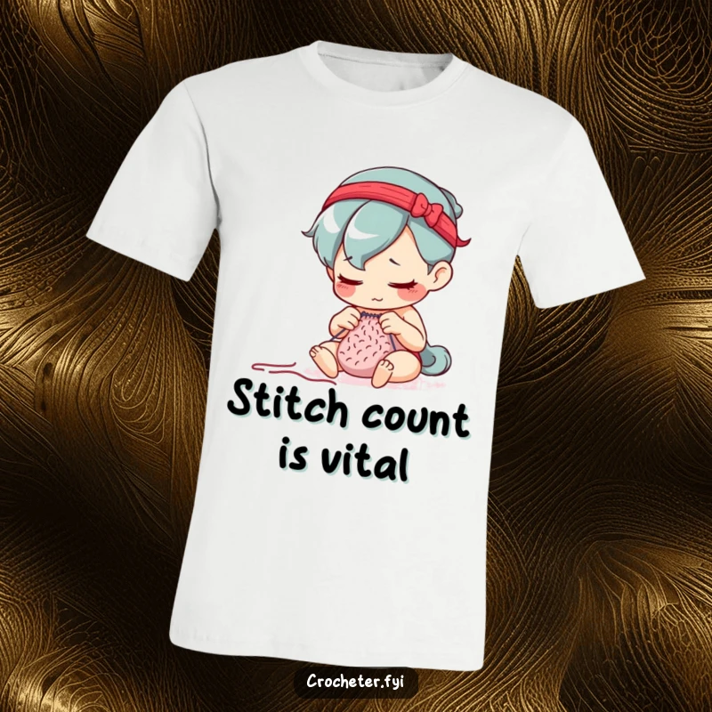Funny t-shirt depicting a determined character diligently counting stitches with intense focus, ideal for meticulous crafters.