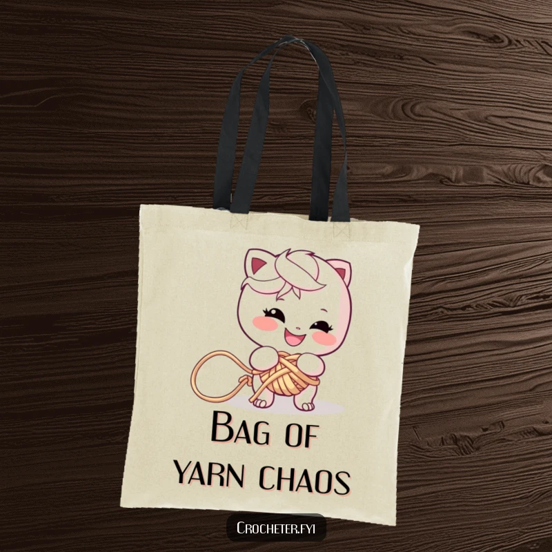 Funny tote bag showcasing a mischievous character grinning while entangled in a huge, colorful yarn knot, perfect for yarn supplies.