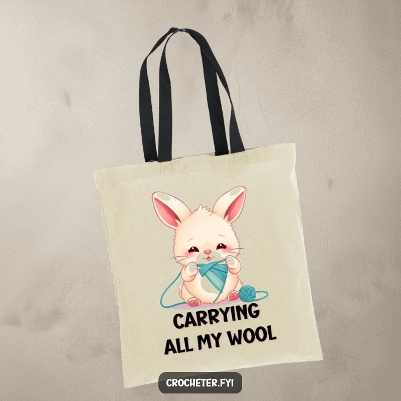 Funny bunny tote bag depicting a fluffy rabbit hilariously attempting to knit a single, extra-long piece of yarn.