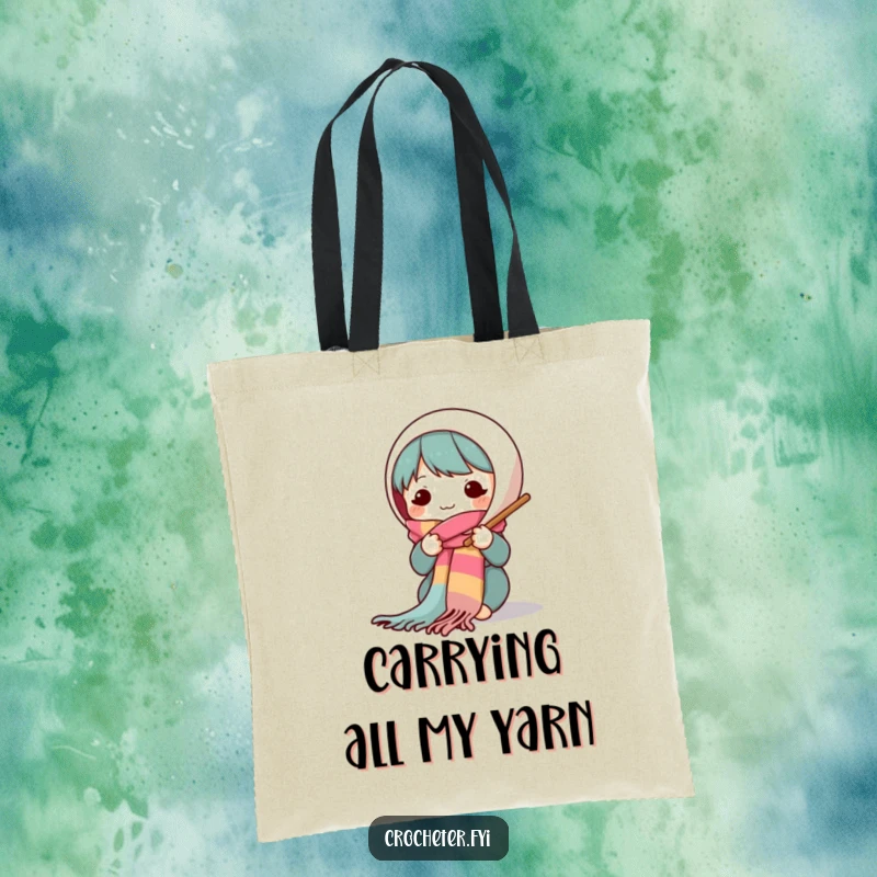 Funny tote bag featuring a cute character actively knitting a long, vibrant scarf with big needles, ideal for carrying crafting supplies.