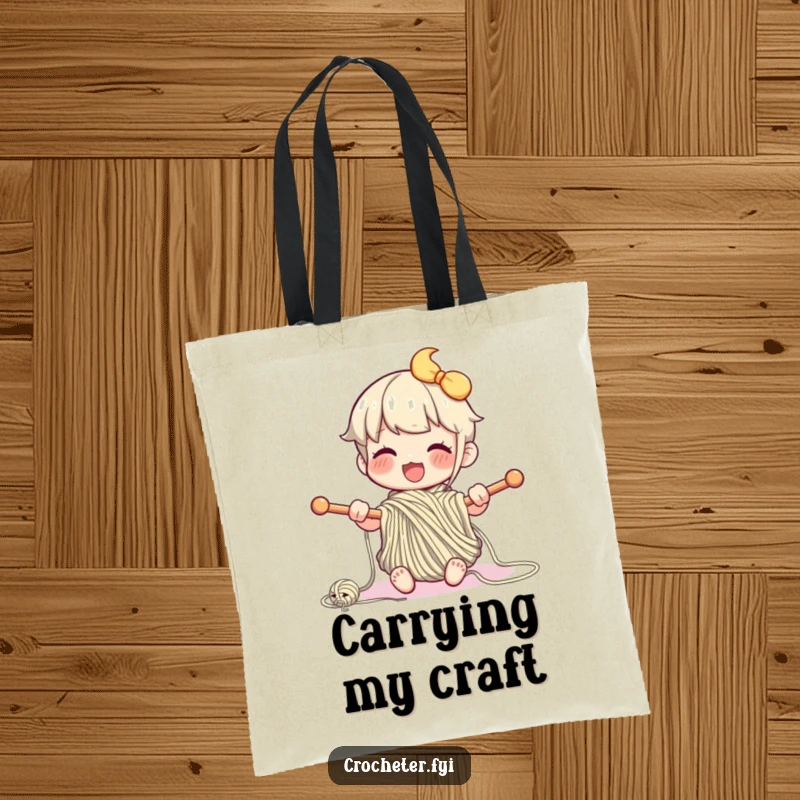Funny tote bag with a happy character enthusiastically knitting with yarn and needles, a humorous and practical accessory.