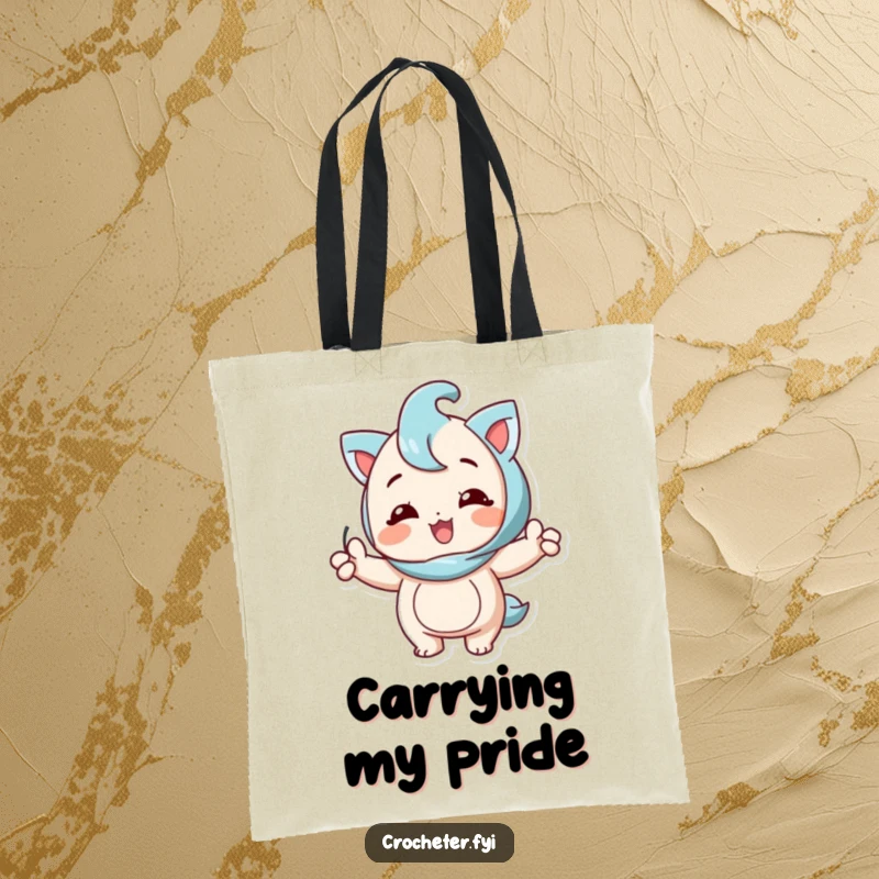Funny tote bag featuring a happy character proudly displaying a perfect knitting stitch, ideal for carrying supplies.